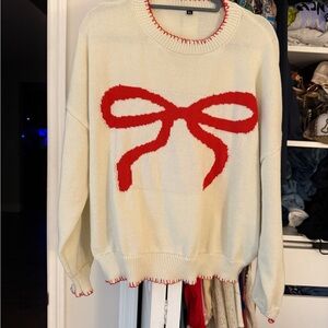 SHEIN Cream Sweater with Red Bow Accent